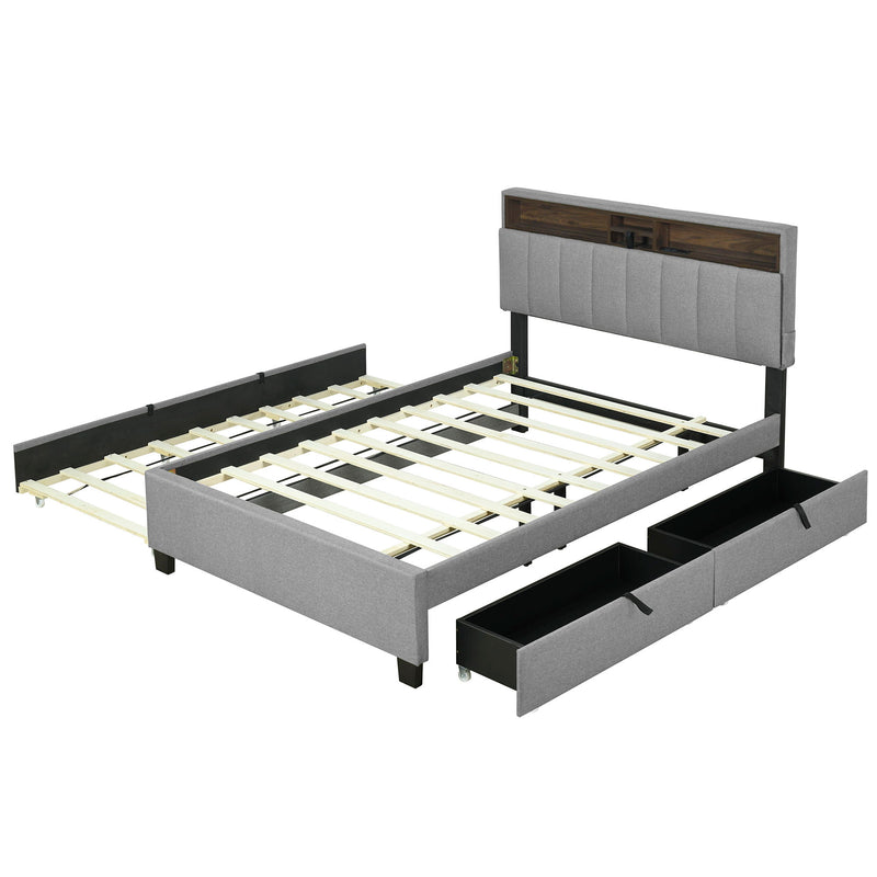 Upholstered Platform Bed With Storage Headboard, Trundle & 2 Drawers And A Set Of Sockets & USB Ports - R&R Furniture Gallery (Fountain Valley, CA)