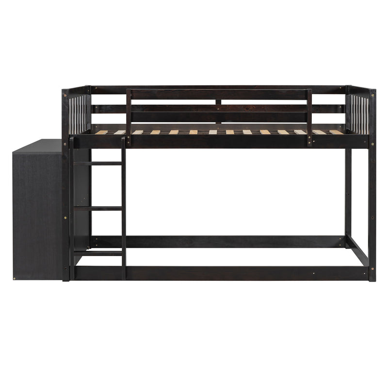 DreamHaus bunk bed with four built-in drawers and three shelves, showcasing a sturdy wooden frame and space-saving design.