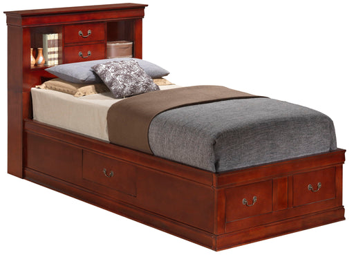 Traditional style Glory Furniture storage bed with built-in bookcase headboard and spacious under-bed storage compartments.