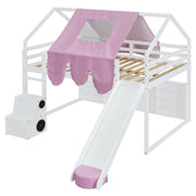 DreamHaus loft bed with house-shaped frame and attached tent, featuring a cozy play area underneath.