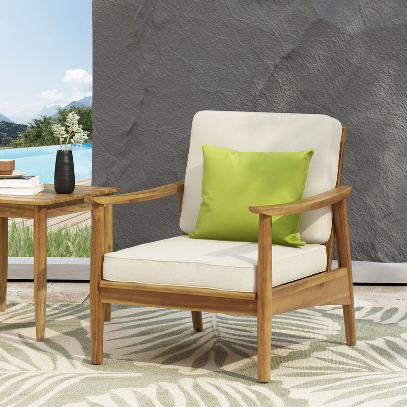 Emmry outdoor acacia wood club arm chair by Noble House, featuring a sturdy wooden frame and comfortable seating for outdoor use.