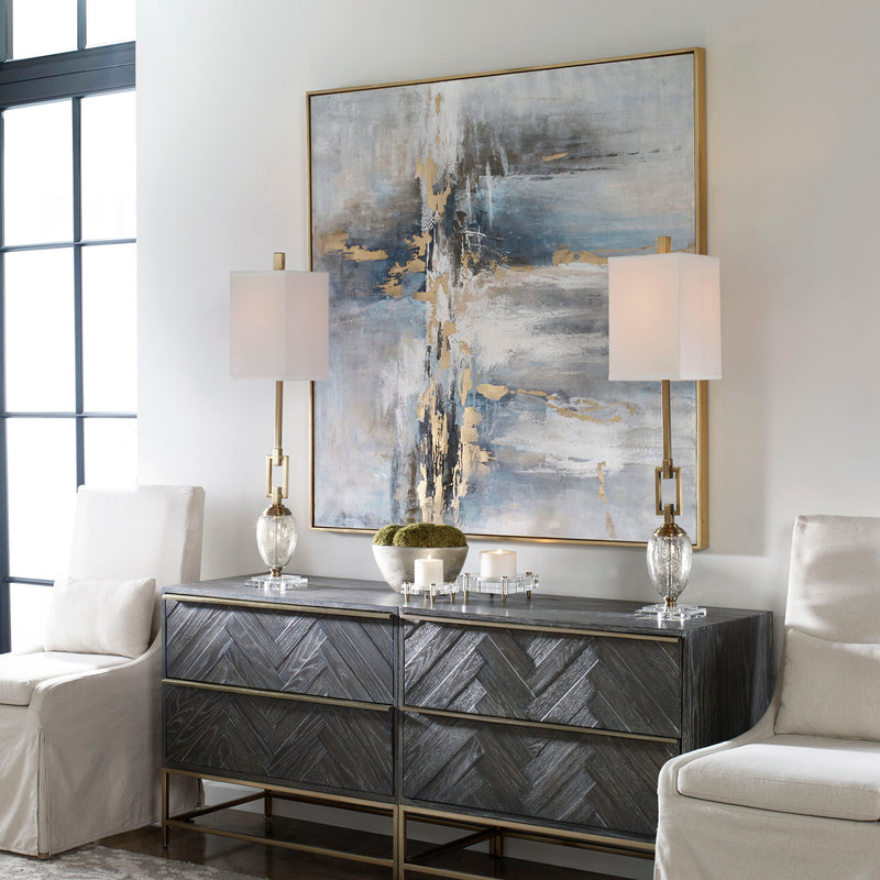 Blue abstract canvas art titled "Road Less Traveled" by Uttermost, featuring bold brushstrokes and textured design.