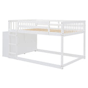 DreamHaus bunk bed with built-in 4 drawers and 3 shelves, featuring a sturdy wooden frame and space-saving design for kids' rooms.