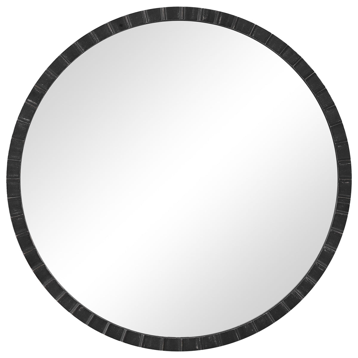 Round industrial wall mirror by Uttermost, featuring a metal frame with a distressed finish, ideal for modern industrial decor.