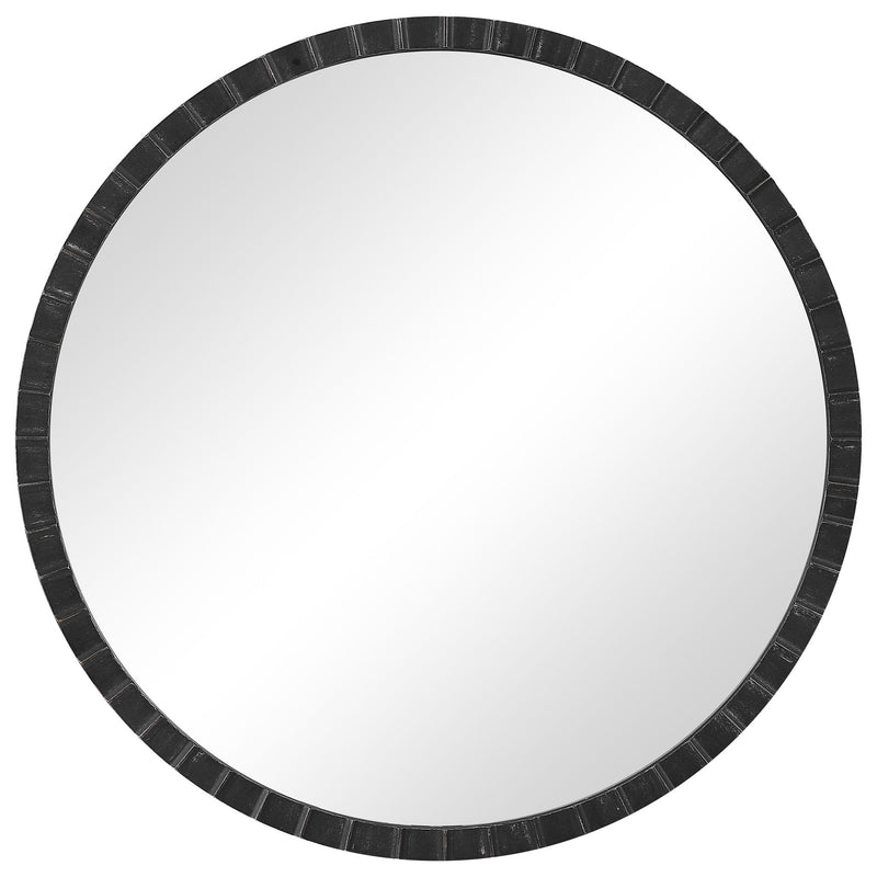 Round industrial wall mirror by Uttermost, featuring a metal frame with a distressed finish, ideal for modern industrial decor.
