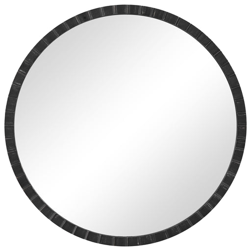 Round industrial wall mirror by Uttermost, featuring a metal frame with a distressed finish, ideal for modern industrial decor.