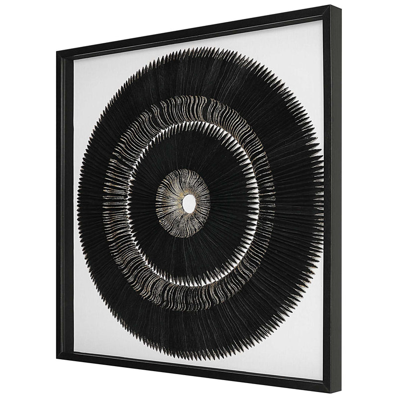 Black and gold shadow box wall decor by Uttermost featuring geometric design and layered shadow box frame.