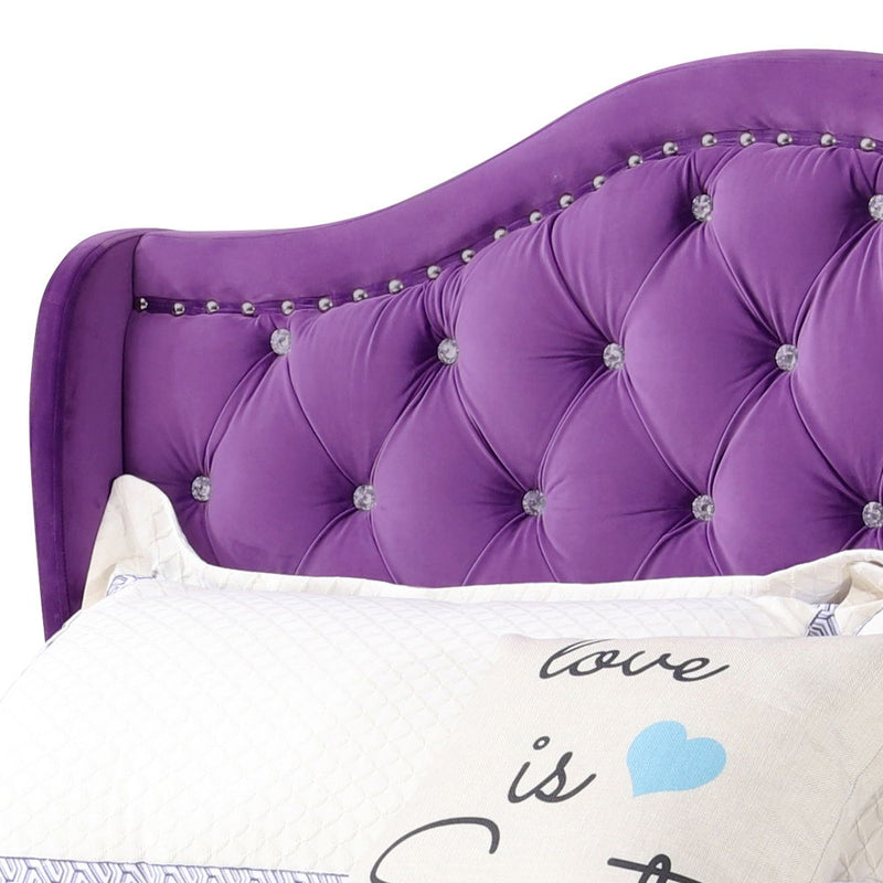 Transitional upholstered bed by Glory Furniture with padded headboard and fabric-covered frame, in a modern bedroom setting.