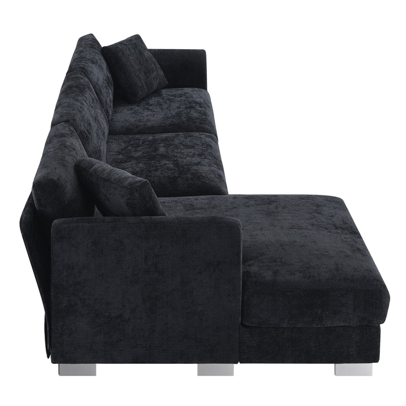 Luxe & Co. modern cloud L-shaped sectional sofa with oversized chaise, four seats, and two decorative pillows in a stylish living room setup.