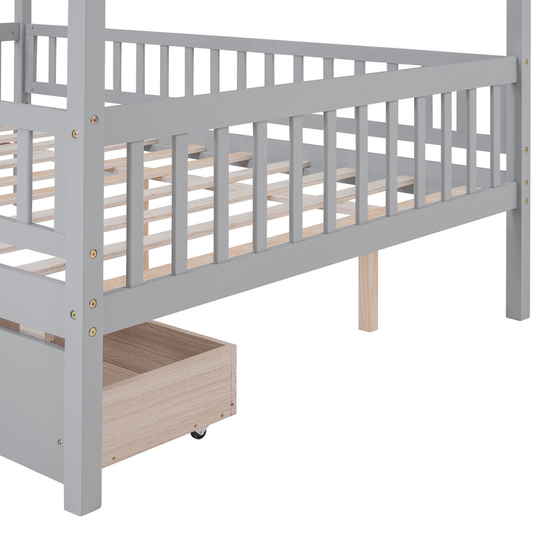 DreamHaus house bed with two built-in storage drawers, child-friendly design, sturdy wooden frame, and cozy house-shaped headboard.