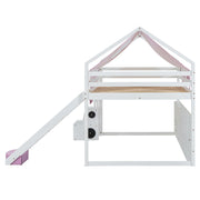 DreamHaus loft bed with house-shaped frame and tent, featuring a cozy sleeping area with playful design for children's rooms.