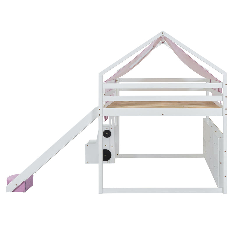 DreamHaus loft bed with house-shaped frame and tent, featuring a cozy sleeping area with playful design for children's rooms.