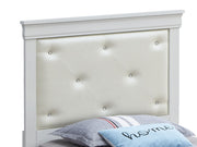 Upholstered Lorana bed by Glory Furniture with a padded headboard and neutral fabric, shown in a modern bedroom setting.