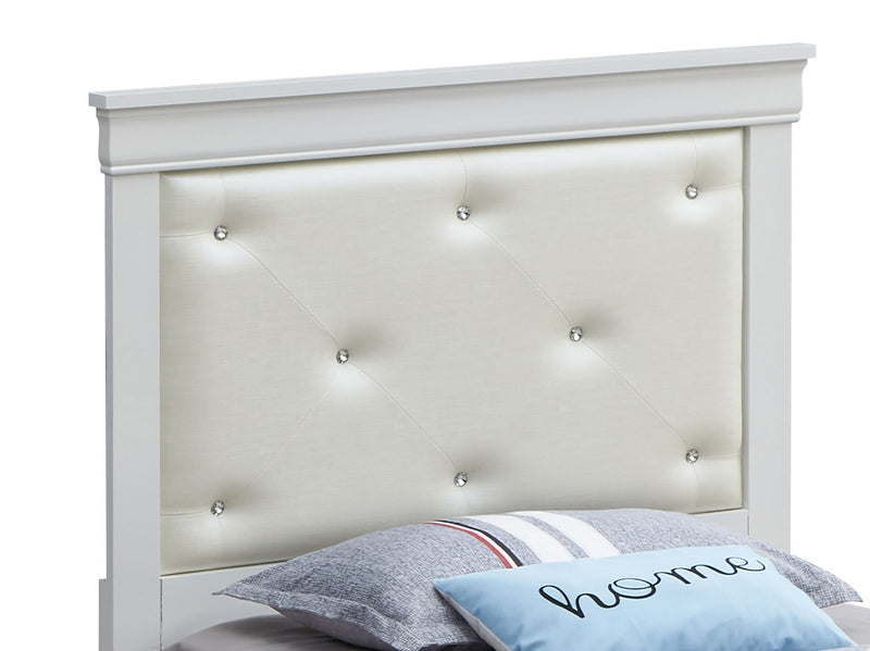 Upholstered Lorana bed by Glory Furniture with a padded headboard and neutral fabric, shown in a modern bedroom setting.