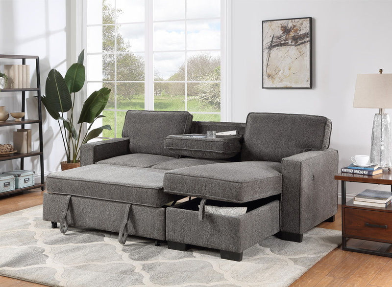Estelle - Fabric Reversible Sleeper Sectional With Storage Chaise Drop-Down Table 2 Cup Holders And 2 USB Ports - R&R Furniture Gallery (Fountain Valley, CA)