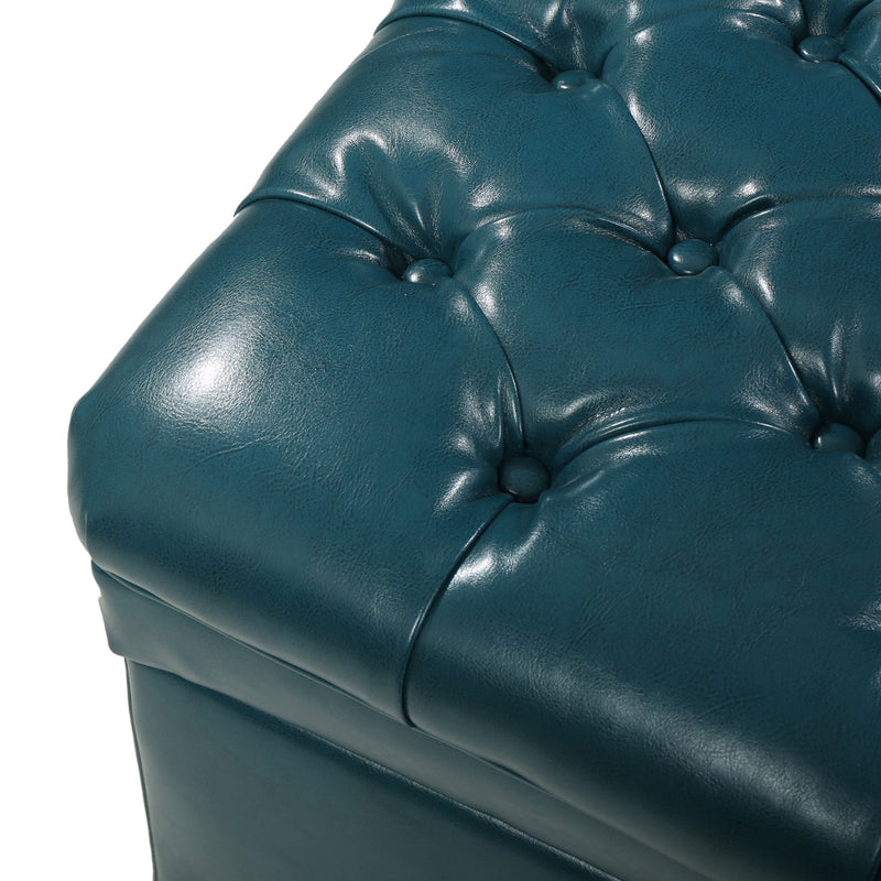 Noble House Juliana storage ottoman with birch wood legs, upholstered in neutral fabric, functional and stylish for living room decor.