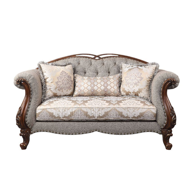 Miyeon - Loveseat With 3 Pillows - Fabric & Cherry - R&R Furniture Gallery (Fountain Valley, CA)