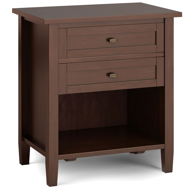 Warm Shaker handcrafted bedside table by Simpli-Home, accent nightstand with a natural wood finish and simple design.
