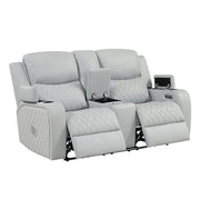Elonzo - Power Motion Loveseat With Console, LED, Power Headrest & Speaker - Light Gray - R&R Furniture Gallery (Fountain Valley, CA)