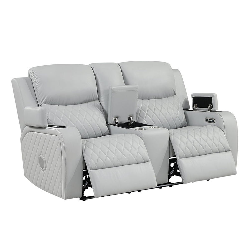 Elonzo - Power Motion Loveseat With Console, LED, Power Headrest & Speaker - Light Gray - R&R Furniture Gallery (Fountain Valley, CA)
