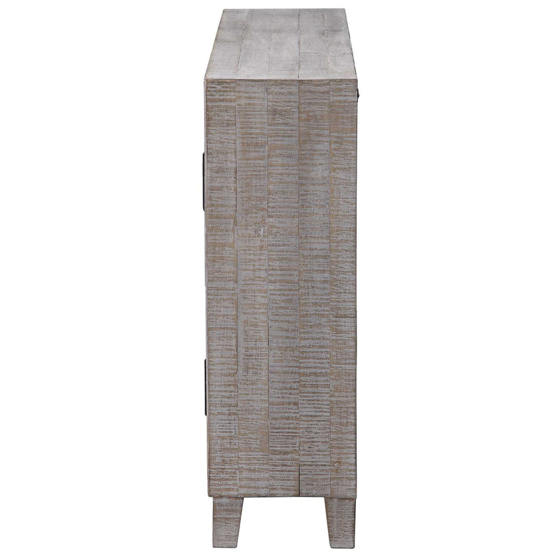 White washed Adalind accent cabinet by Uttermost with sleek design and storage drawers, ideal for a stylish living space.