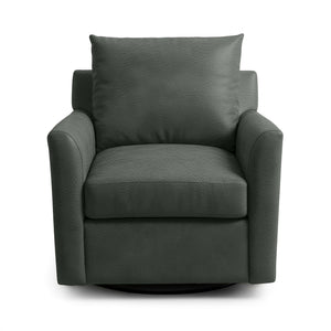 Classic Home Olivia swivel chair with cushioned seat and backrest, featuring a sleek wooden base and modern design.