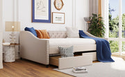 DreamHaus upholstered storage daybed with two drawers and wood slat support, featuring a cozy padded fabric design and sturdy frame.