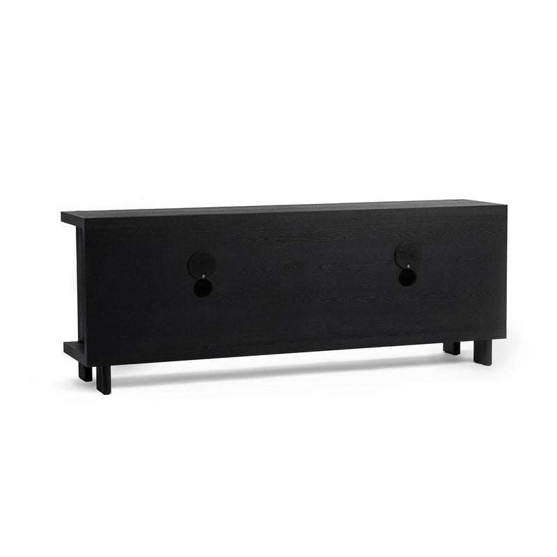 Classic Home Ellison 4-door Shoreline Noir buffet cabinet with sleek black finish and modern design, featuring four spacious doors.