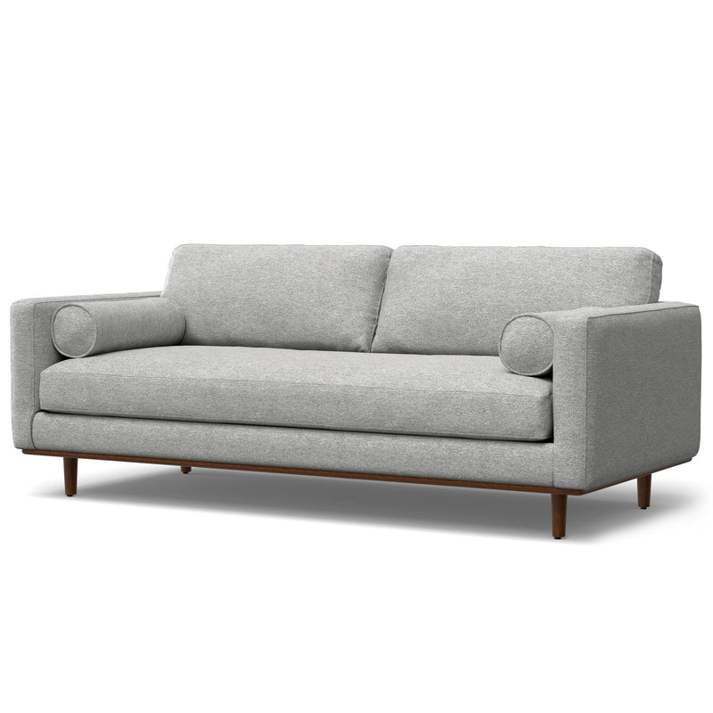 Simpli-Home Morrison upholstered stationary sofa with plush fabric and wide armrests, perfect for living room seating.