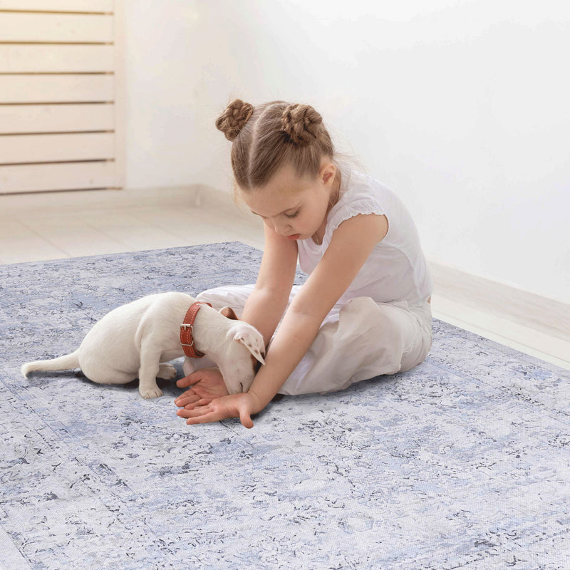 Maval - 4' X 6' Area Rug Washable - Blue / Cream - R&R Furniture Gallery (Fountain Valley, CA)