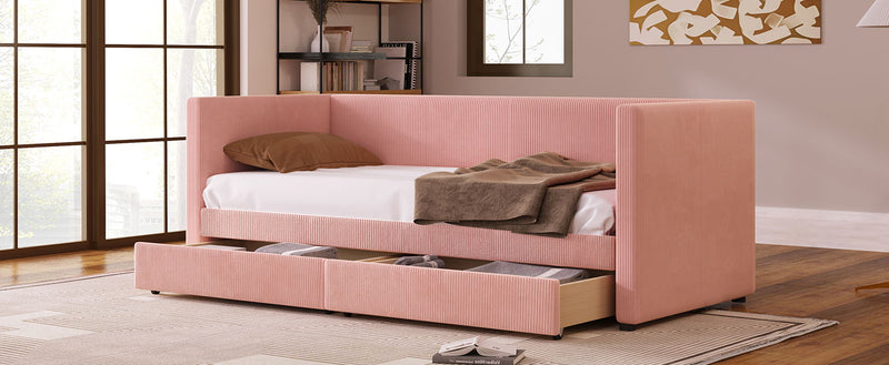 Halcyon Home storage daybed with two drawers and wood slat design, featuring a sturdy frame and functional storage drawers.