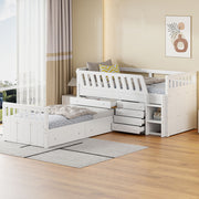 DreamHaus loft platform bed with 7 drawers, full guardrails, and modern L-shaped design, space-saving for bedrooms.