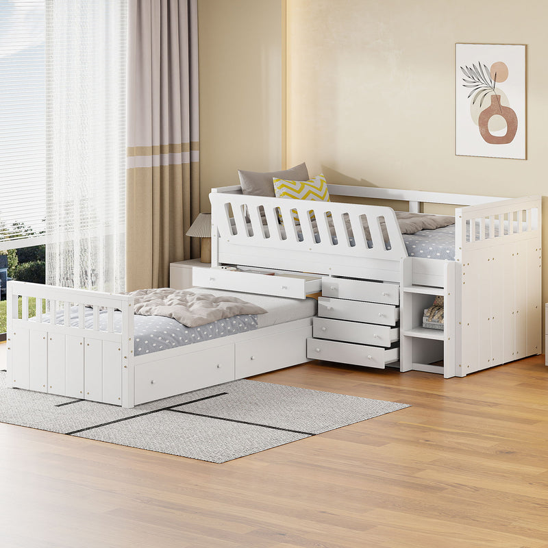 DreamHaus loft platform bed with 7 drawers, full guardrails, and modern L-shaped design, space-saving for bedrooms.