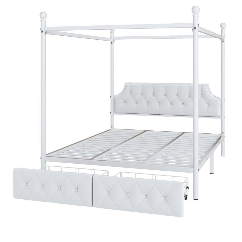 Queen Size Canopy Platform Bed With Upholstered Headboard And 2 Storage Drawers - White - R&R Furniture Gallery (Fountain Valley, CA)