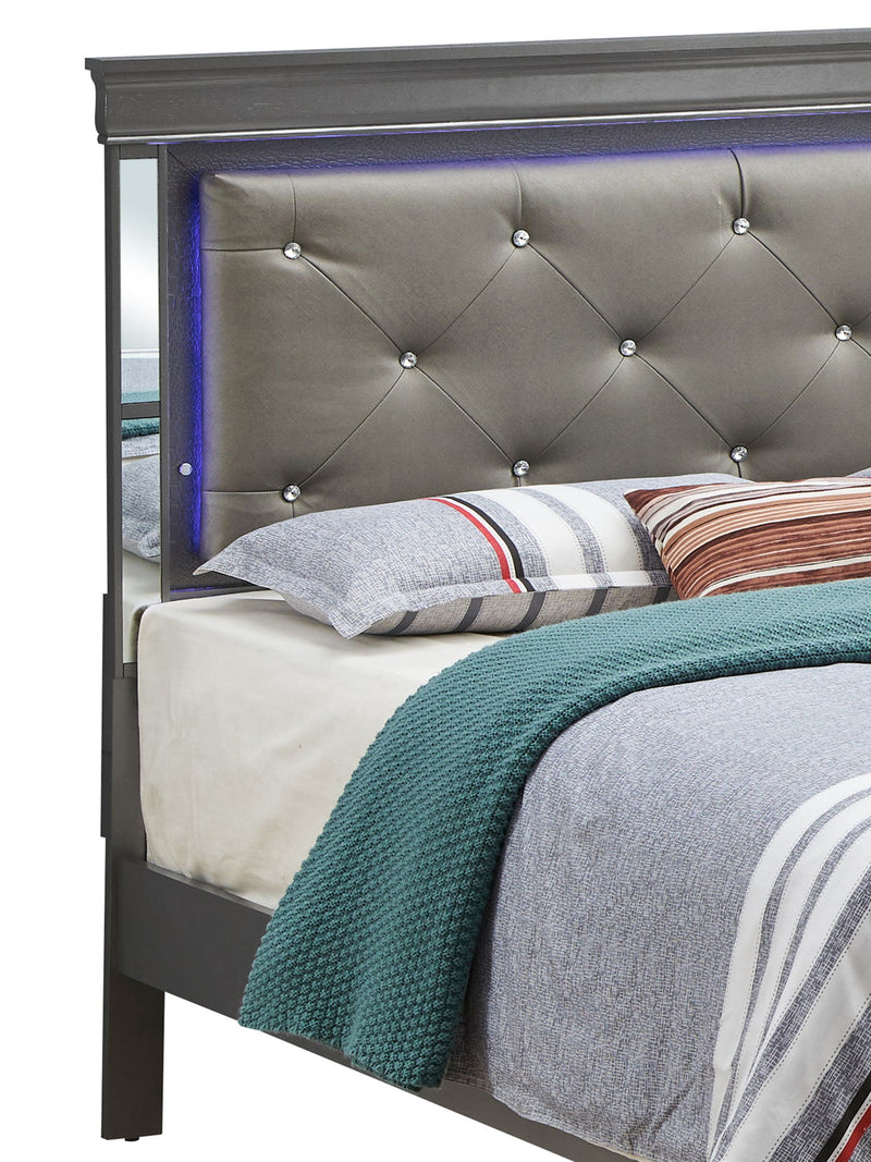 Upholstered bed with LED light accents on headboard, featuring plush fabric and modern design from Glory Furniture.