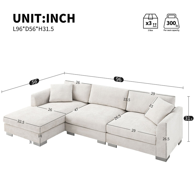 Luxe & Co. modern cloud L-shaped sectional sofa with oversized chaise, four seats, and two free pillows in stylish living room setting.