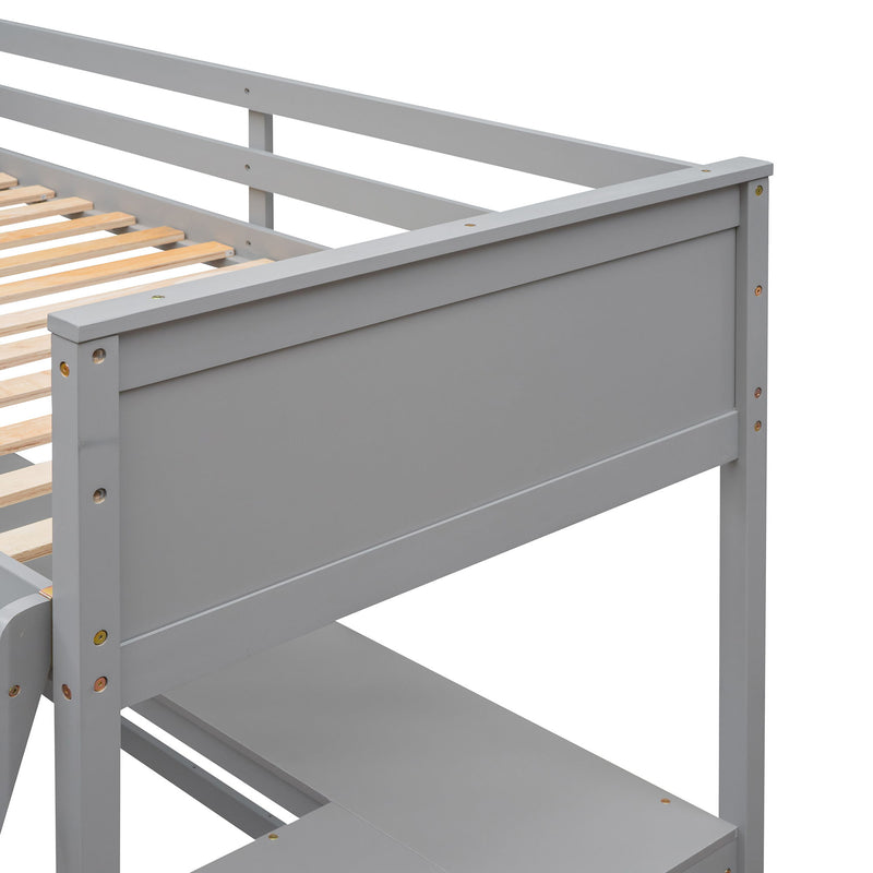 DreamHaus loft bed with built-in shelves and attached desk, featuring a modern wooden frame and space-saving design.