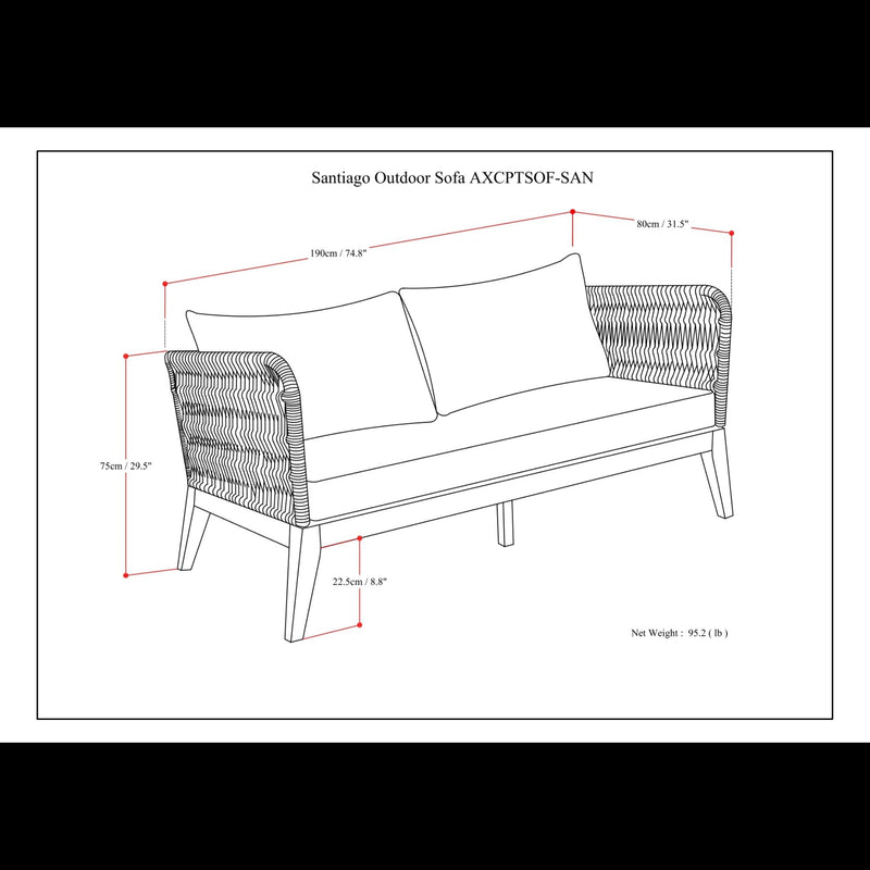 Slate gray outdoor sofa from the Santiago collection by Simpli-Home, featuring plush cushions and a sturdy frame.