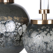 Pair of dark gray art glass bottles vases by Uttermost, featuring smooth, rounded shapes for decorative display.