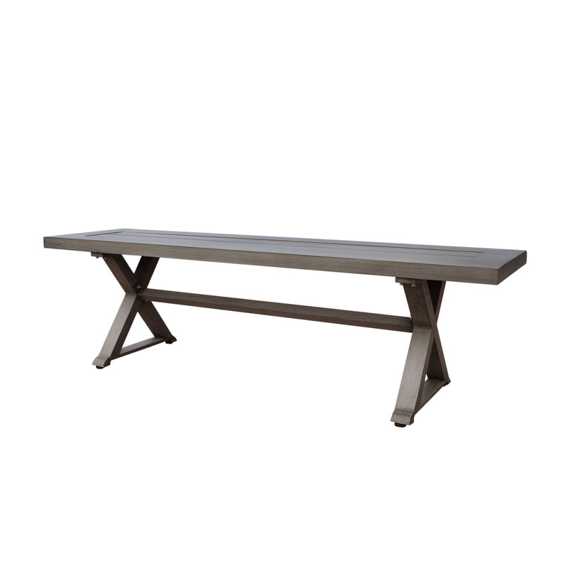 Modern aluminum outdoor dining bench with X base in dark gray by Noble House, showing sleek design and sturdy construction.