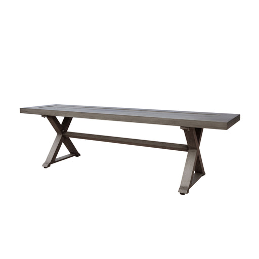 Modern aluminum outdoor dining bench with X base in dark gray by Noble House, showing sleek design and sturdy construction.