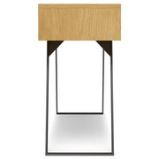 Simpli-Home Lowry oak console sofa table with sleek design and sturdy construction, ideal for entryways or living spaces.