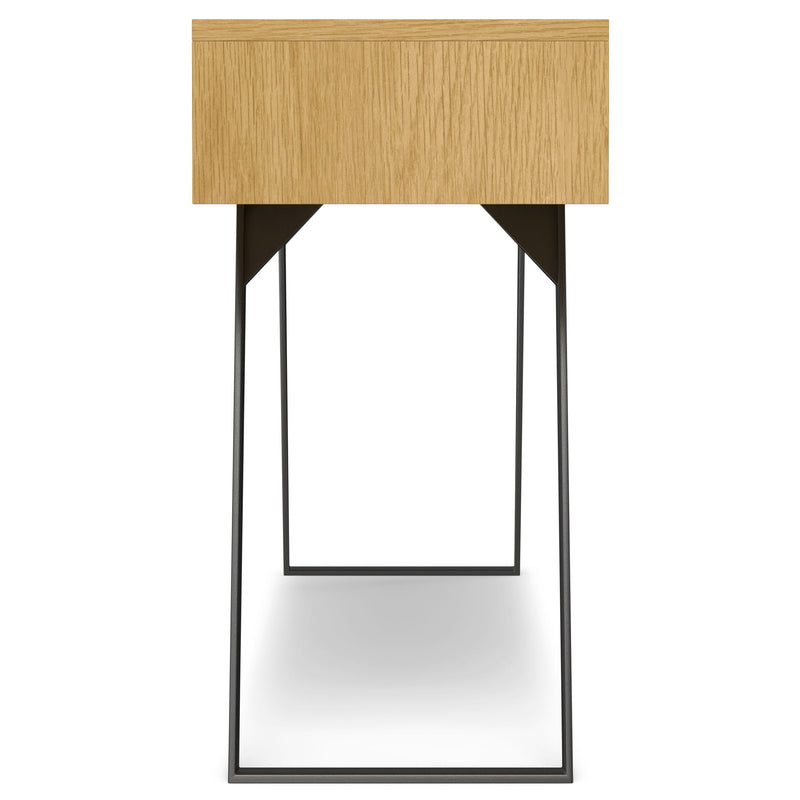 Simpli-Home Lowry oak console sofa table with sleek design and sturdy construction, ideal for entryways or living spaces.