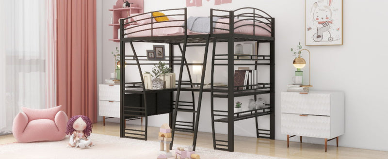 Loft Bed With 4 Layers Of Shelves And L-Shaped Desk, Stylish Metal Frame Bed With A Set Of Sockets, USB Ports And And Wireless Charging - R&R Furniture Gallery (Fountain Valley, CA)