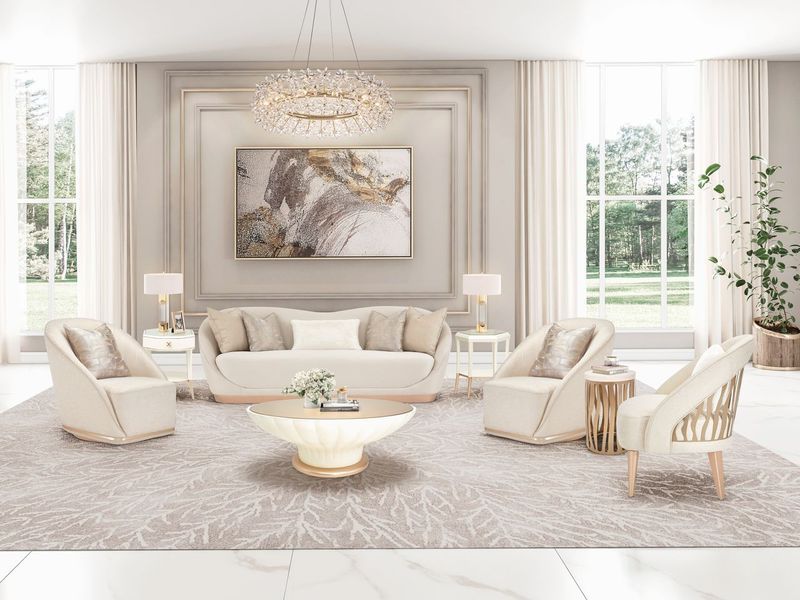Michael Amini La Rachelle stationary sofa with plush beige upholstery and elegant rolled arms in a luxurious living room setting.
