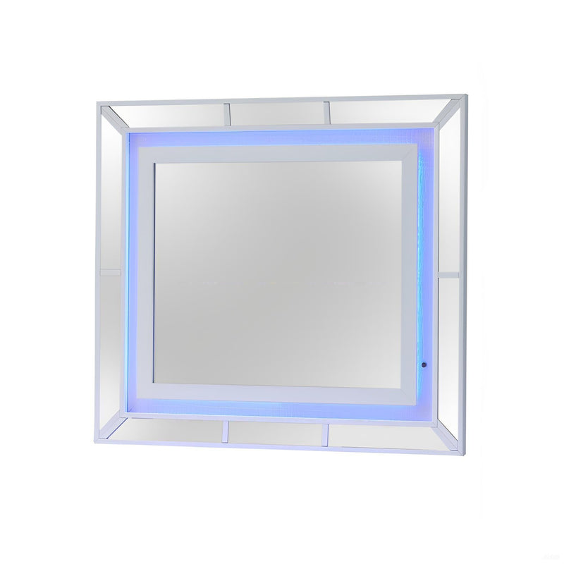 White Hollywood Hills mirror by Glory Furniture with a sleek, modern design, featuring a rectangular shape and clean lines.
