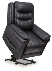 Signature Design by Ashley Oatman Power Lift Recliner in plush fabric with padded armrests and adjustable recline.
