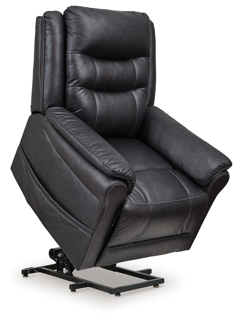 Signature Design by Ashley Oatman Power Lift Recliner in plush fabric with padded armrests and adjustable recline.