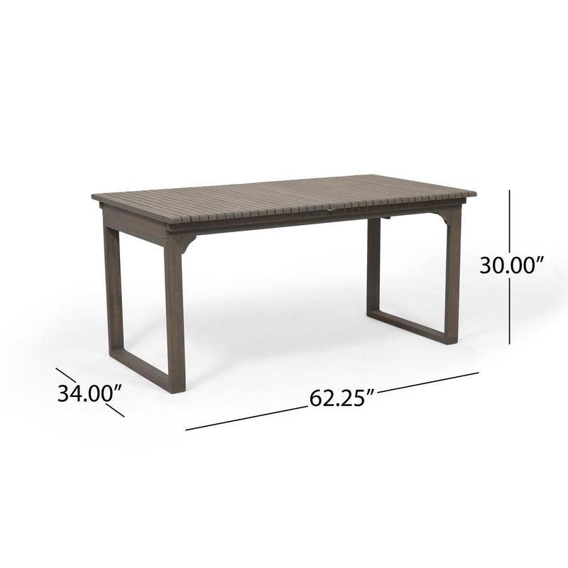 Outdoor expandable acacia wood dining table with U-shaped legs by Noble House, showing the natural wood grain and adjustable length.