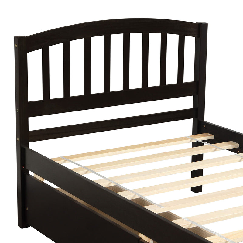 Wood platform storage bed frame with headboard and two built-in drawers, designed by DreamHaus for modern bedroom organization.